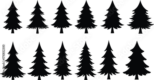 Collection of pine tree silhouettes, black evergreen icons, vector forest design elements, nature illustration set, isolated Christmas trees