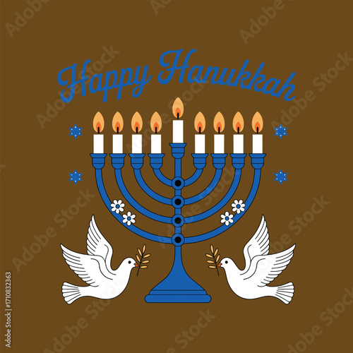 Happy Hanukkah illustration with menorah doves and stars on brown background candles flames