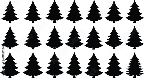 Set of black Christmas tree silhouettes, simple pine icons, vector holiday design elements, isolated festive symbols, graphic illustration collection