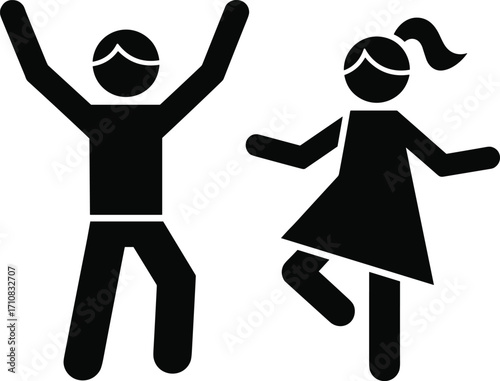 Playful children silhouettes, dancing pose, joyful movement, black vector art, expressive gesture, minimal design, ponytail girl, jumping figure, fun icon