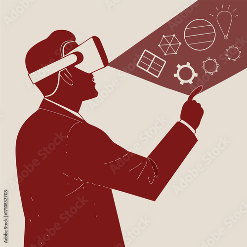 Man explores digital future interacting with virtual reality interface and innovative concepts