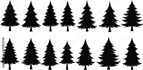 Set of pine tree silhouettes, black evergreen icons, vector forest elements, nature design collection, isolated Christmas trees
