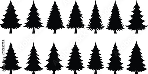 Set of pine tree silhouettes, black evergreen icons, vector forest elements, nature design collection, isolated Christmas trees