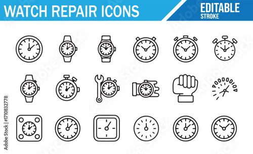 Minimal editable vector icons for horology, time repair, wristwatches, stopwatches, and gears