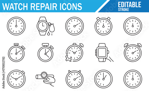 Outline watch repair icon pack with chronograph, clock, stopwatch, and service tools