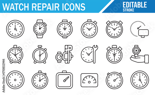 Vector illustration pack of line art timepieces, repair tools, stopwatch, and horology symbols