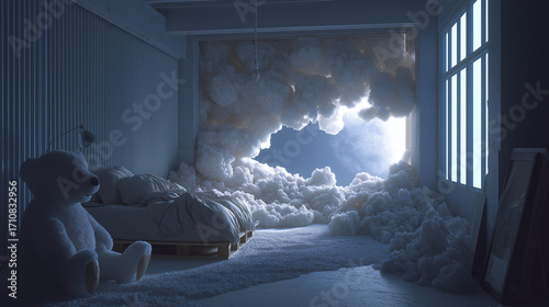 A room with clouds, a bed, and a large teddy bear. Concept of children's dreams, a fairytale world, and surreal magical worlds.