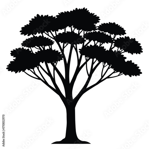 A lush full tree with detailed foliage presented in black silhouette