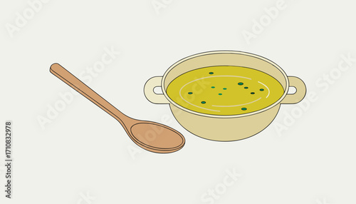 Simple illustration of a bowl of soup and a wooden spoon on a light background Keywords: soup, bowl