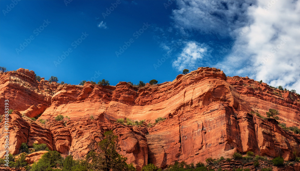 Fototapeta premium Steep Red Rock Cliff Background Under Blue Cloudy Sky