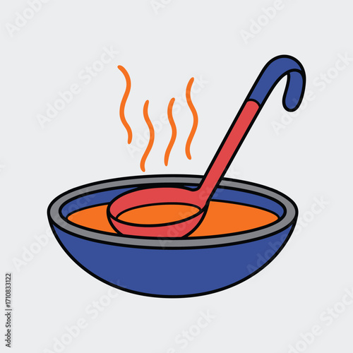 Steaming bowl of orange soup with a red and blue ladle on a light background Keywords: soup, bowl