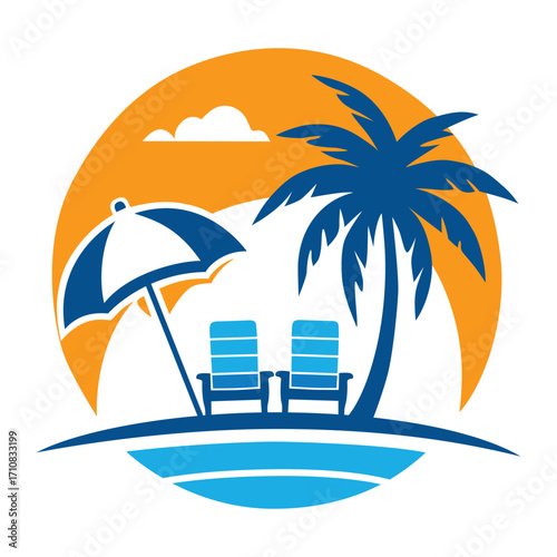 Tropical Beach Logo with Palm Tree, Sun, Lounge Chairs, and Umbrella in Round Design, Vacation Vector Illustration
