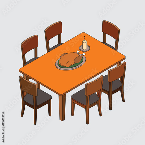 Thanksgiving dinner table with roast turkey and candle Keywords: Thanksgiving, dinner, table, turkey