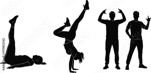 Silhouettes of people, expressive poses, hand gestures, acrobatic movement, standing figures, body language, vector art, black illustration, minimal design