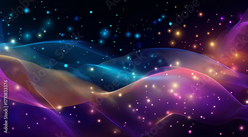 A magical, fairytale-like abstract background in blue and purple tones with sparkling stars.