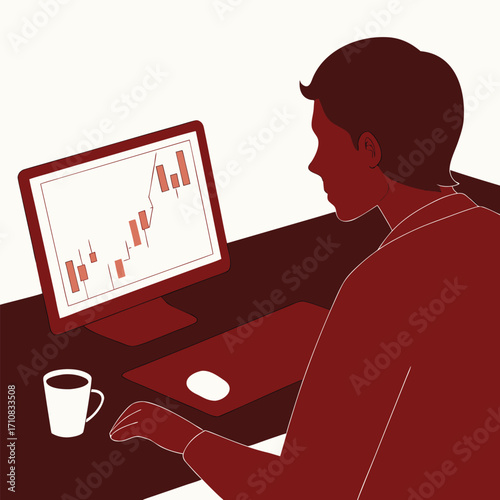 Focused trader analyzing stock market charts on computer screen, sipping coffee, in a modern workspace