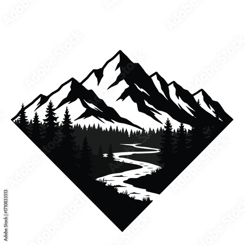 Mountain range with winding river and forest in a diamond shape silhouette