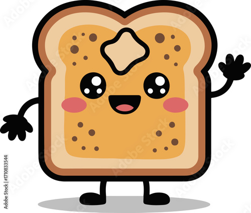 Vector art of cute toast cartoon character happy slice of bread with butter and kawaii face waving hand funny breakfast food vector illustration for kids, sticker, print, design