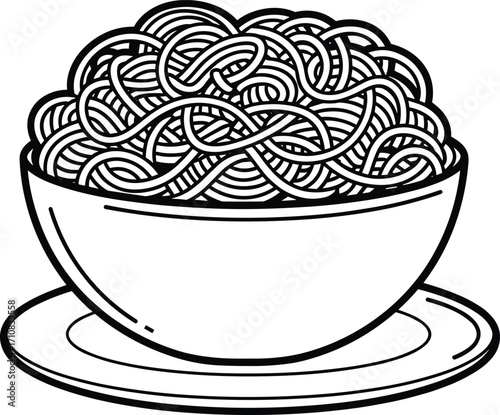 Spaghetti bowl line illustration, black and white vector icon for pasta, Italian food, restaurant, minimal culinary design, meal concept