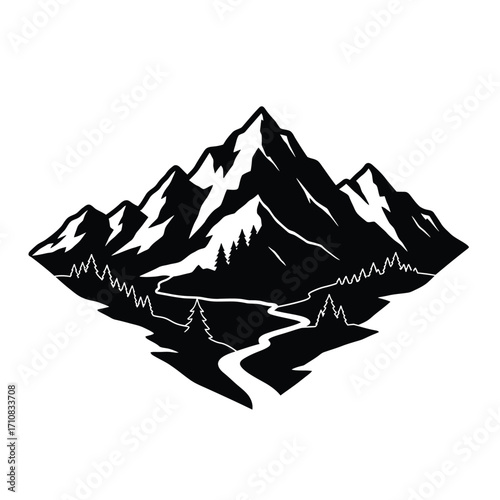 Dramatic mountain range graphic with a winding path bold silhouette