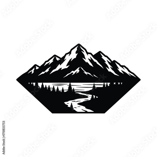 Mountain range and river reflection in bold graphic style silhouette