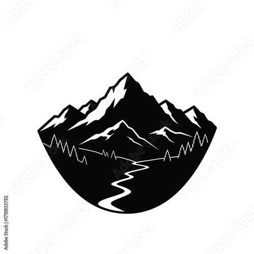 Mountain range with winding path a striking black and white silhouette