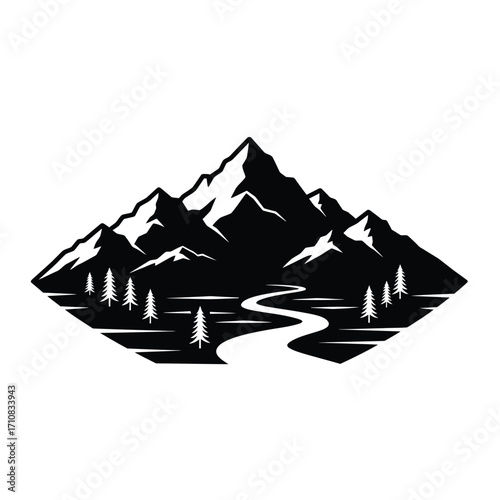 Majestic mountain range with winding river and forest black and white silhouette