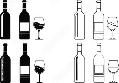 Wine bottles and glasses icon set, solid and outline style vector for bar, restaurant, alcohol, beverage, minimal graphic design