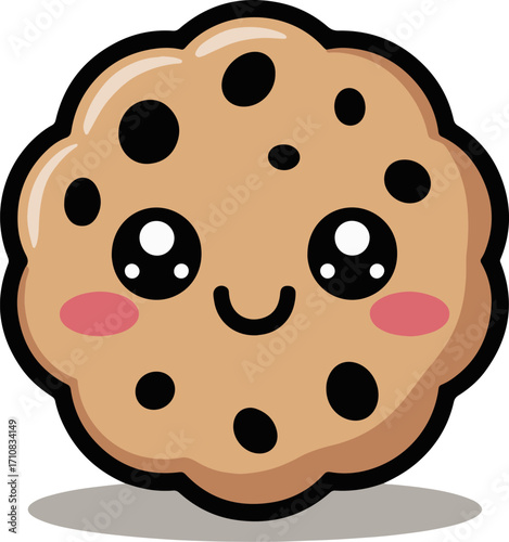 Vector art of cute cookie cartoon character happy chocolate chip biscuit with kawaii face funny dessert vector illustration for kids, sticker, print, design, decoration