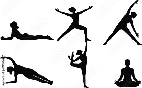 Yoga pose silhouettes, black vector art, meditation posture, dancer pose, warrior stance, fitness icon, minimal design, wellness illustration