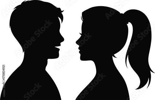 Silhouette couple face to face, man and woman communication, romantic relationship, love connection, people talking, emotional bond, dating, friendship, interaction