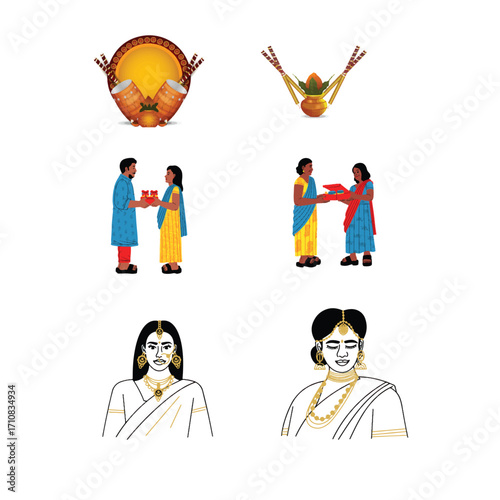 Durga Puja Dhak, Sindoor Khela and Women Celebration Vector Set. Bengali Festival Puja Rituals and Traditional Celebration Illustration.