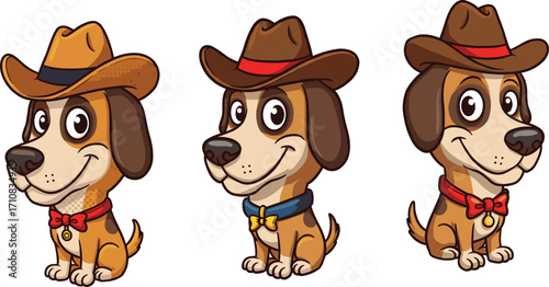 Cartoon dogs in cowboy hats and bow ties, western style pets illustration, funny animal characters, playful vector designCartoon dogs in cowboy hats and bow ties, western 