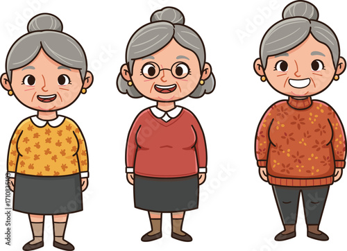 Cartoon elderly women vector illustration with diverse outfits, cheerful expressions, gray hair, standing pose, isolated on white background designCartoon elderly women vector 