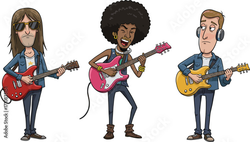 Cartoon electric guitar players with diverse fashion styles and expressive poses for music-themed vector illustration and commercial stock contentCartoon electric guitar players 
