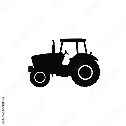 A black and white depiction of a classic farm tractor silhouette