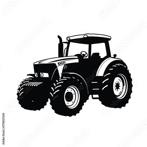 Detailed black and white tractor illustration presenting a bold silhouette