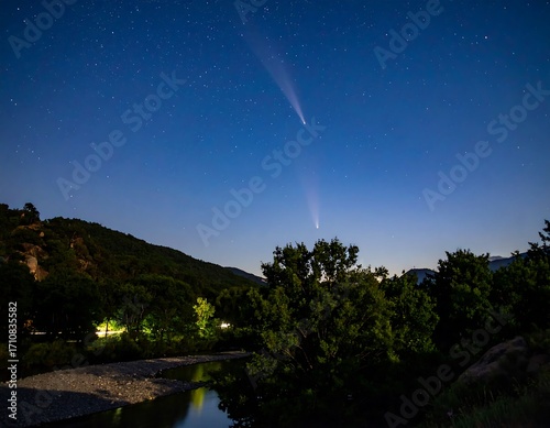 Comet over a night river valley