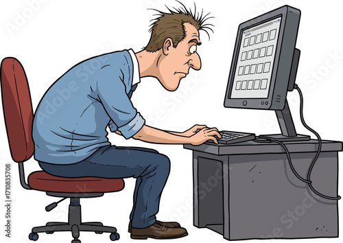Cartoon man sitting at computer desk with bad posture, office worker illustration showing slouching, technology addiction and unhealthy lifestyleCartoon man sitting at computer 
