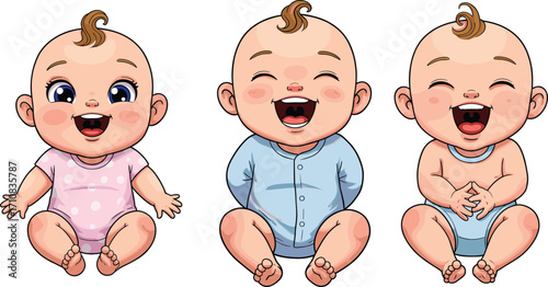 Cute cartoon babies sitting and laughing, happy infant characters, adorable baby illustration, newborn clipart, smiling toddlers in colorful outfitsCute cartoon babies sitting and laughing,