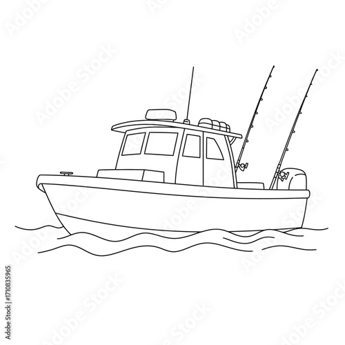 Simple outline drawing of a fishing boat on the water silhouette