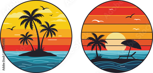 Tropical Island Sunset Vector Graphics with Palm Trees and Ocean Waves