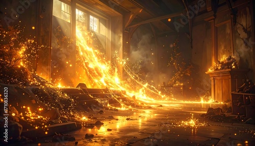 A dramatic indoor scene, illuminated by fiery molten material cascading across a stone floor, showcasing a dramatic and intense atmosphere.