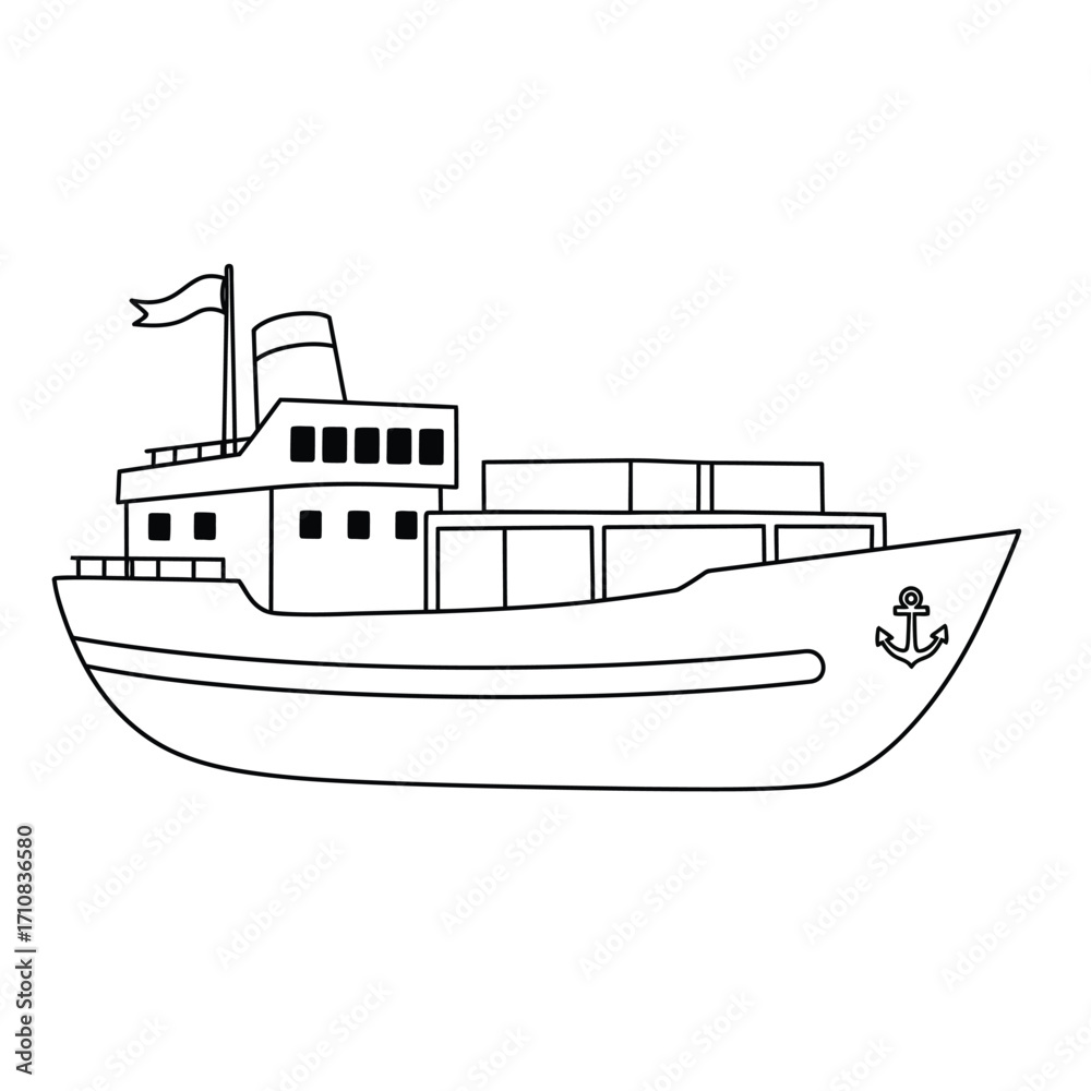 Obraz premium Simple outline of a boat with a flag waving black silhouette