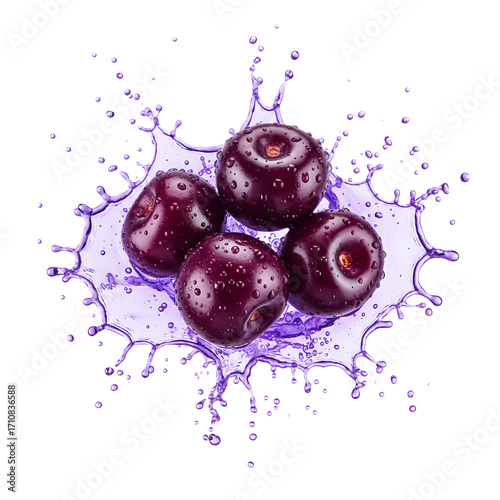 Four Cherries Splashing in Purple Juice Isolated on Black Background fruit berries isolated on a transparent background