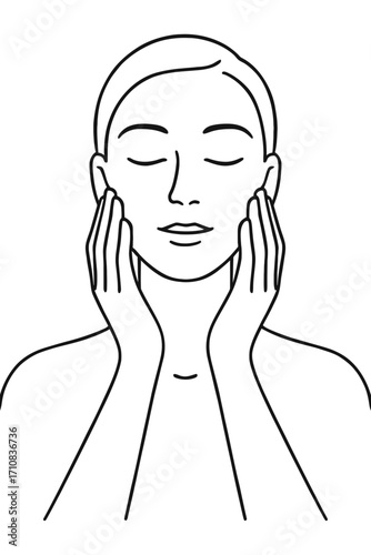 Line art of woman touching face with closed eyes skincare beauty relaxation concept