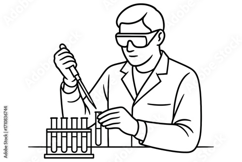 Scientist in lab coat using pipette with test tubes conducting experiment research