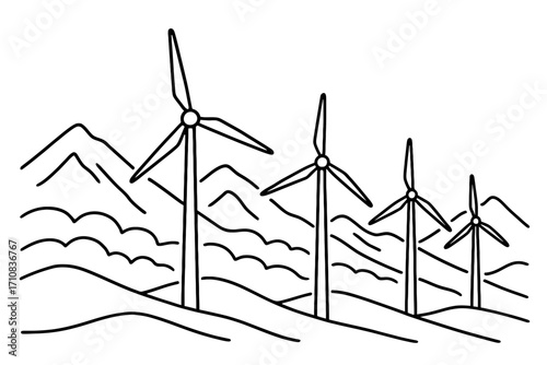 Line art of wind turbines in mountains renewable energy clean power eco landscape