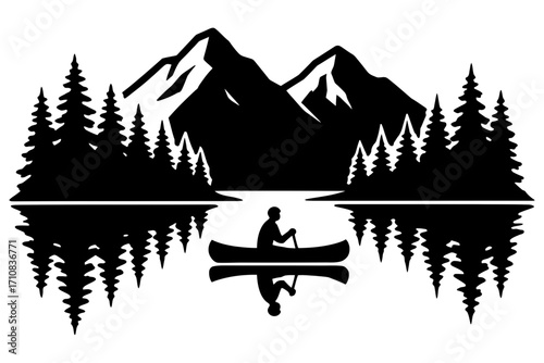Silhouette of person canoeing on lake with mountain and pine forest reflection