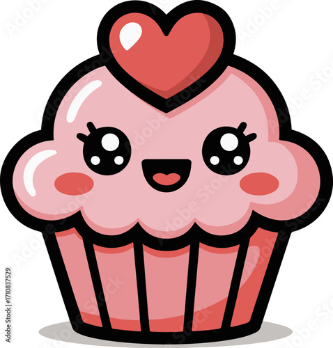Vector art of adorable cupcake cartoon a delightful pink cupcake with a heart on top, perfect for adding a touch of sweetness to any project its cute face and charming design make it irresistible